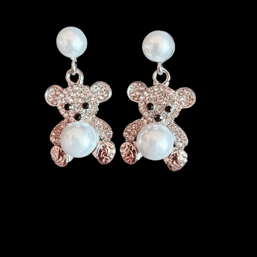 🐻 Pearl Teddy Bear Drop Earrings | Cute Sparkly Statement Jewelry ✨